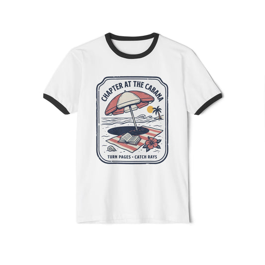 Ringer T-Shirt — "Chapter at the Cabana" Beach Vibes Graphic Tee (Turn Pages • Catch Rays)