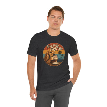 Men's But First Coffee Dog Tee — Retro Palm Tree Coffee Lover T-Shirt