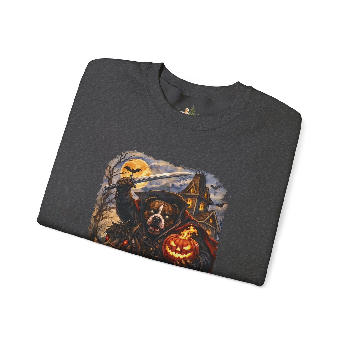 Unisex Halloween Pit Bull Headless Horseman Crewneck Sweatshirt ~ What Tails Lurk Behind The Pines