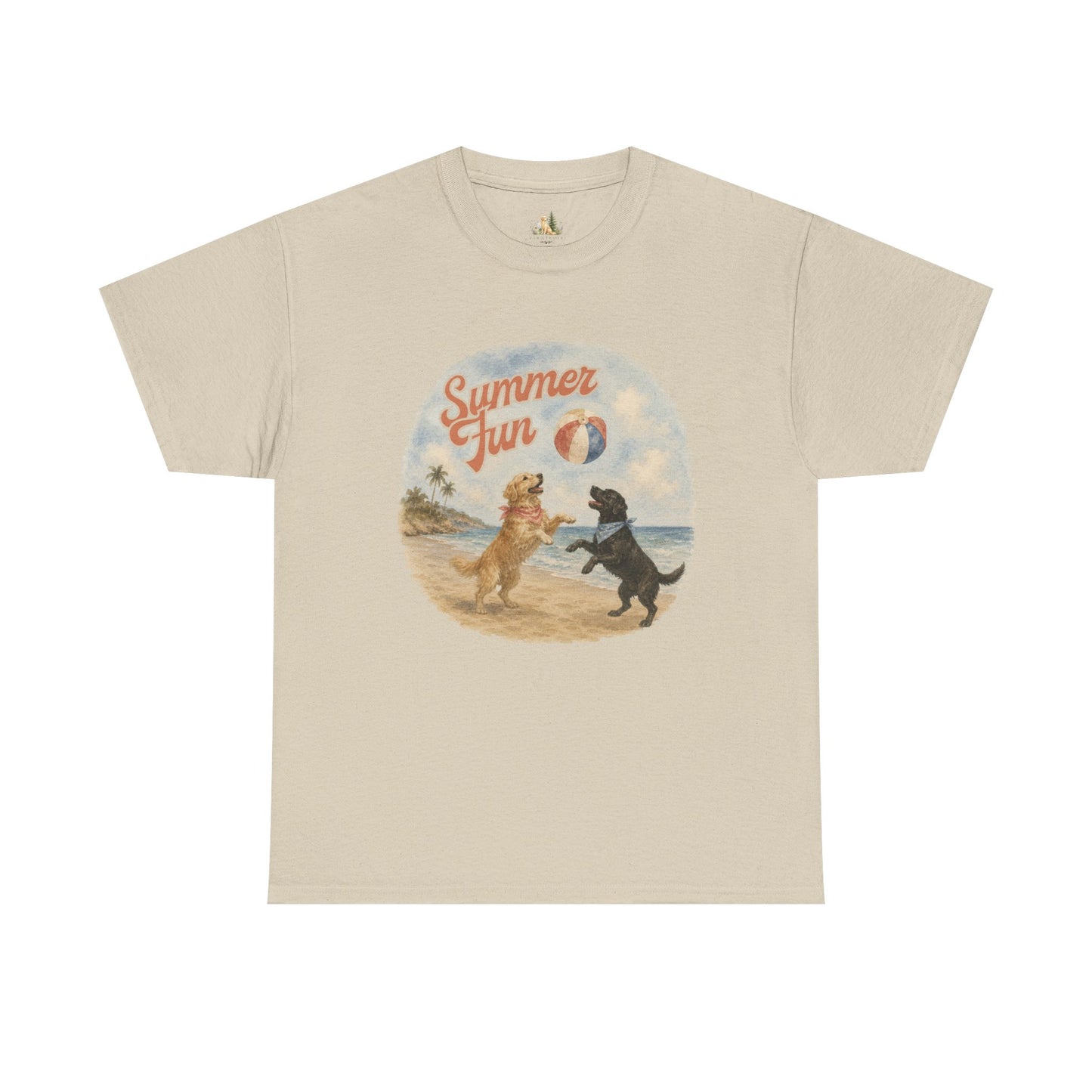 Unisex Summer Fun Dogs T-Shirt — Retro Beach Puppies Playing with Beach Ball (Heavy Weight Tee)