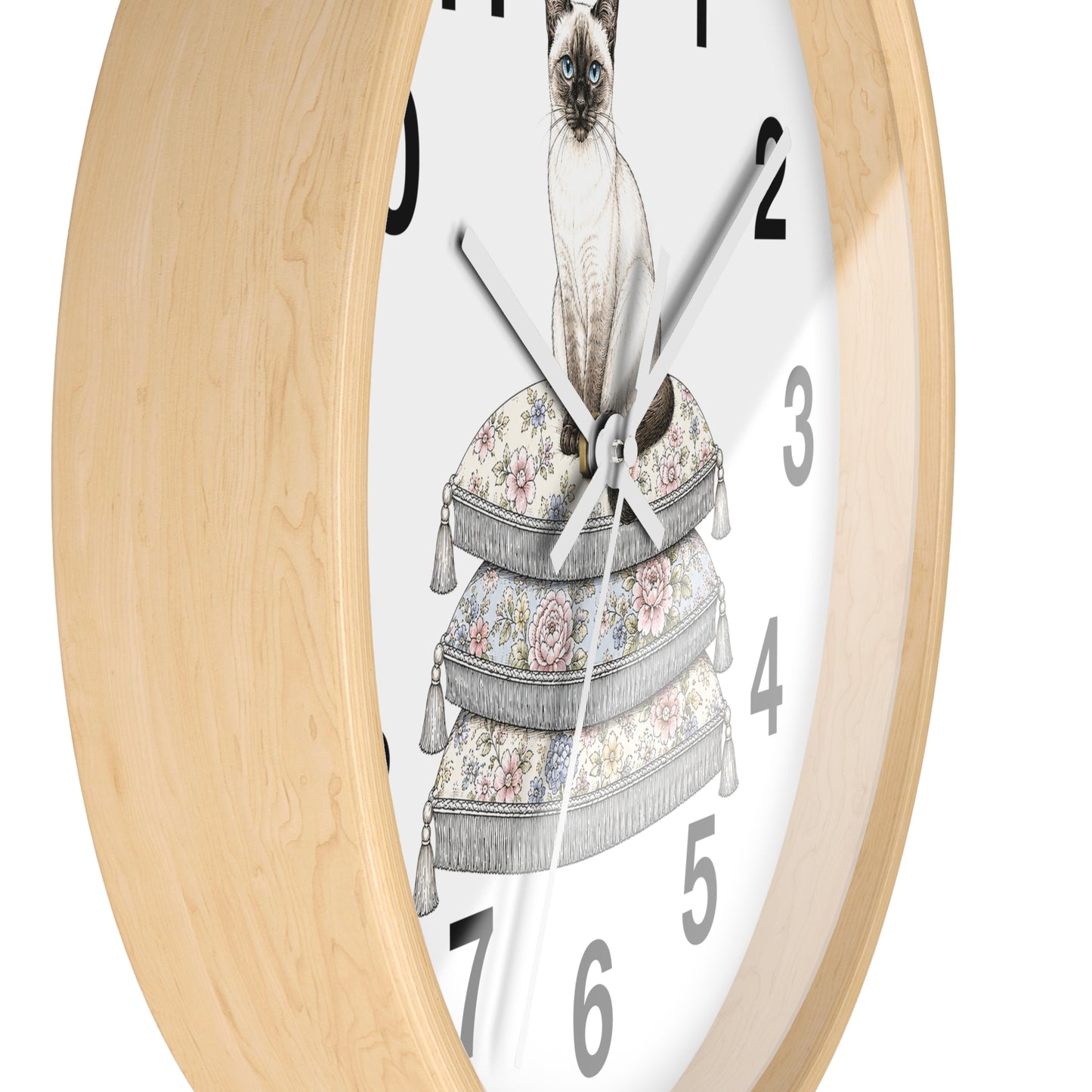 Siamese Cat on Stacked Cushions Wall Clock | Floral Pillow Illustration