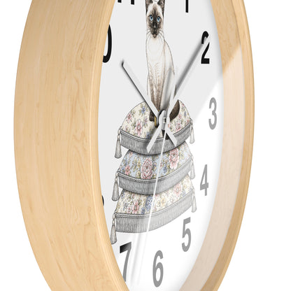 Siamese Cat on Stacked Cushions Wall Clock | Floral Pillow Illustration
