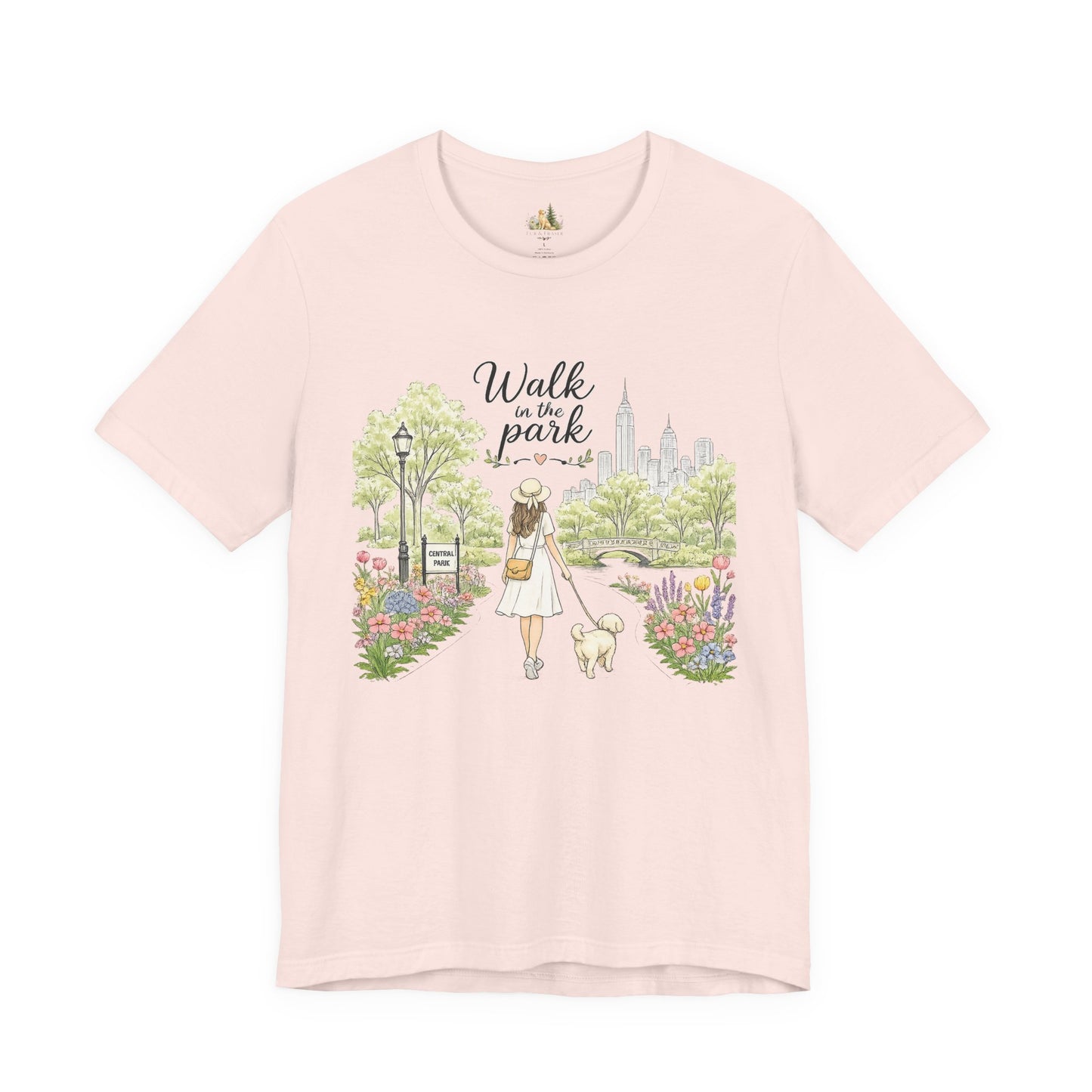 Walk in the Park T-Shirt | Woman Walking Dog Park Illustration