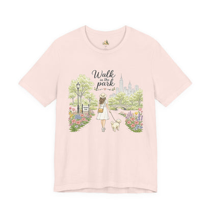 Walk in the Park T-Shirt | Woman Walking Dog Park Illustration