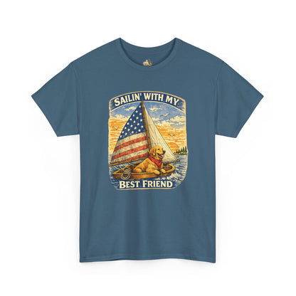 Unisex Sailin' With My Best Friend T-Shirt - Dog & American Flag Sailing Crew Tee (Light Weight, Ultra Soft Cotton)
