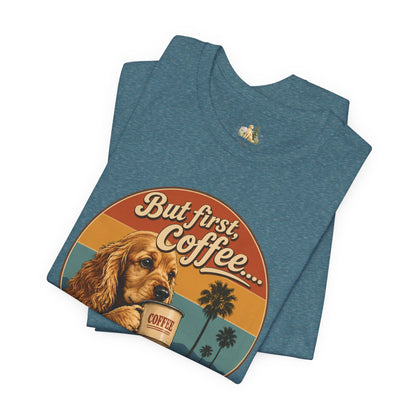 Men's But First Coffee Dog Tee — Retro Palm Tree Coffee Lover T-Shirt