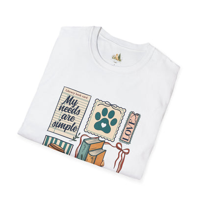 T-Shirt — "My Needs Are Simple" Book & Paw Graphic Tee