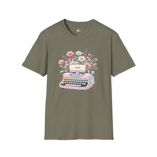 Typewriter Floral Tee — 'Love' Vintage Pink Typewriter Graphic T-Shirt (Light Weight, Ultra Soft Tee)