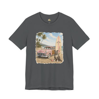 Vintage Beach Surf T‑Shirt — Retro Car, Surfboard & Dog Graphic