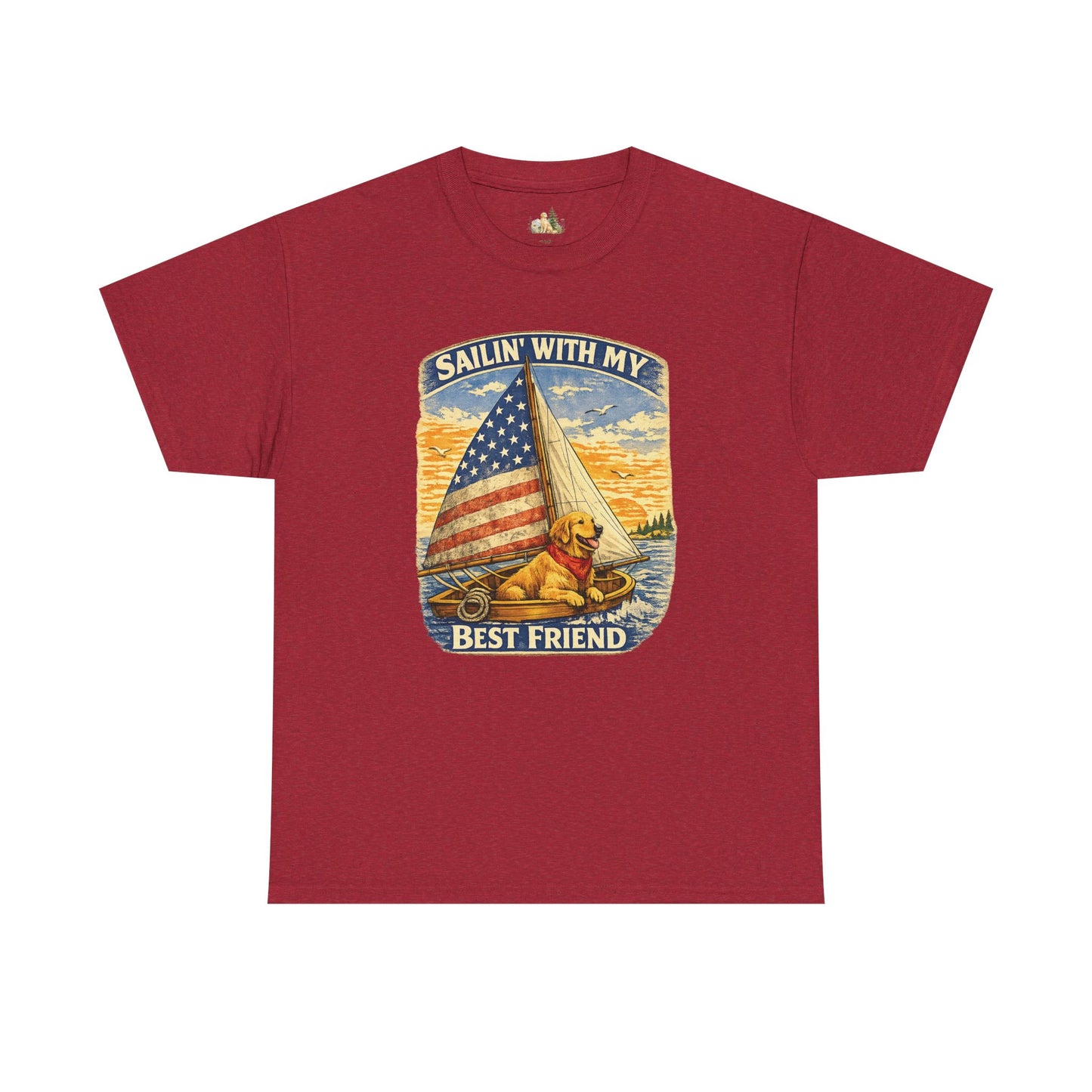 Unisex Sailin' With My Best Friend T-Shirt - Dog & American Flag Sailing Crew Tee (Light Weight, Ultra Soft Cotton)
