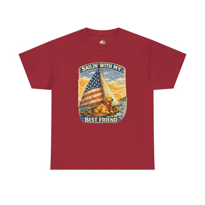 Unisex Sailin' With My Best Friend T-Shirt - Dog & American Flag Sailing Crew Tee (Light Weight, Ultra Soft Cotton)