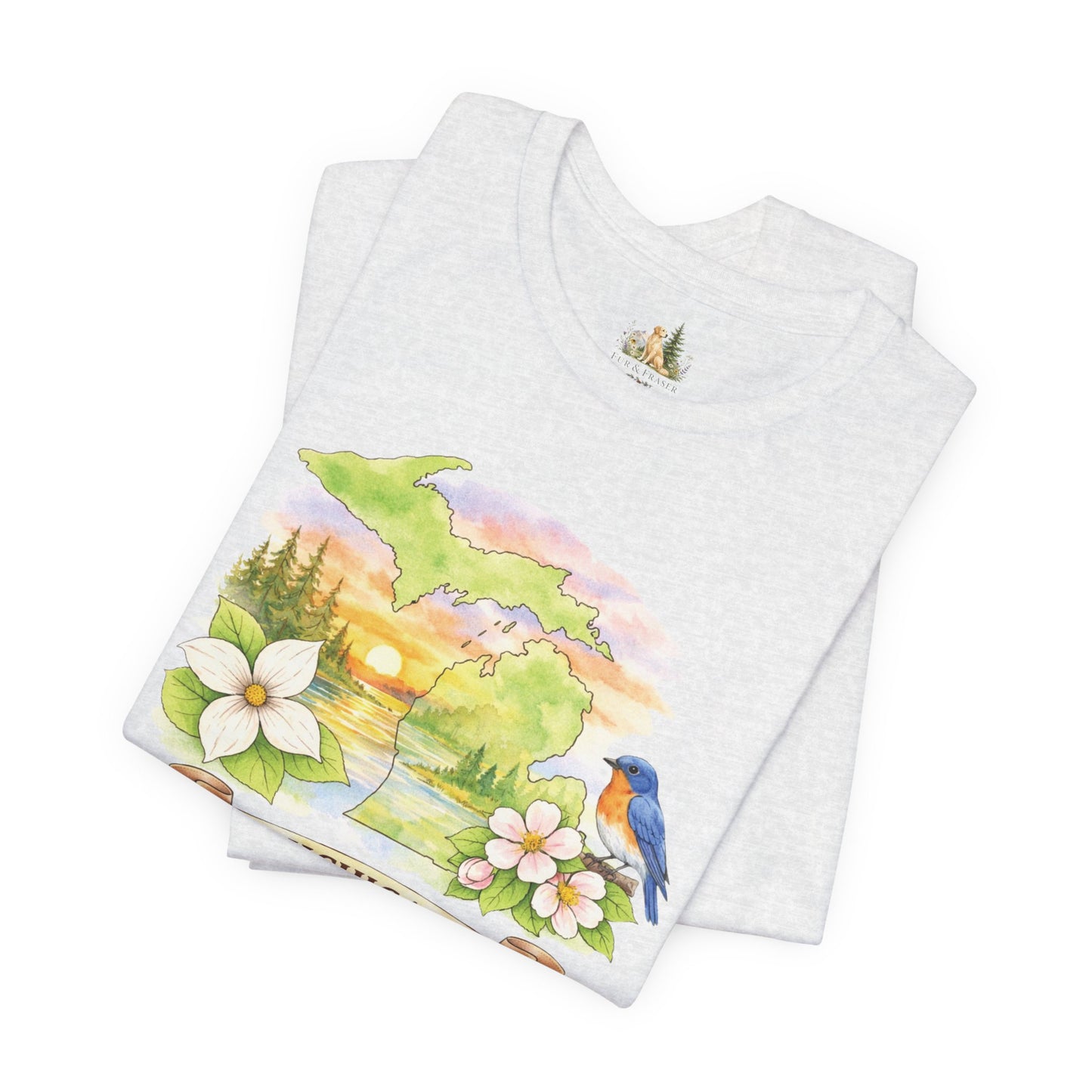 Michigan Scenic T-Shirt — State Flower & Bluebird Watercolor Design