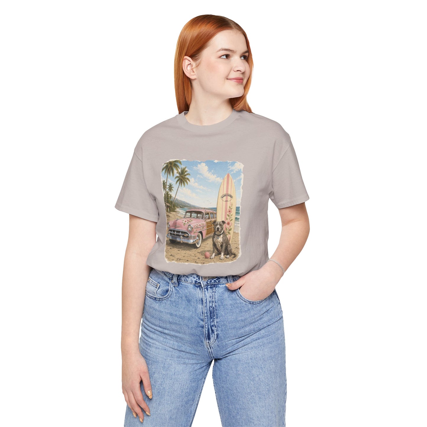 Vintage Beach Surf T‑Shirt — Retro Car, Surfboard & Dog Graphic