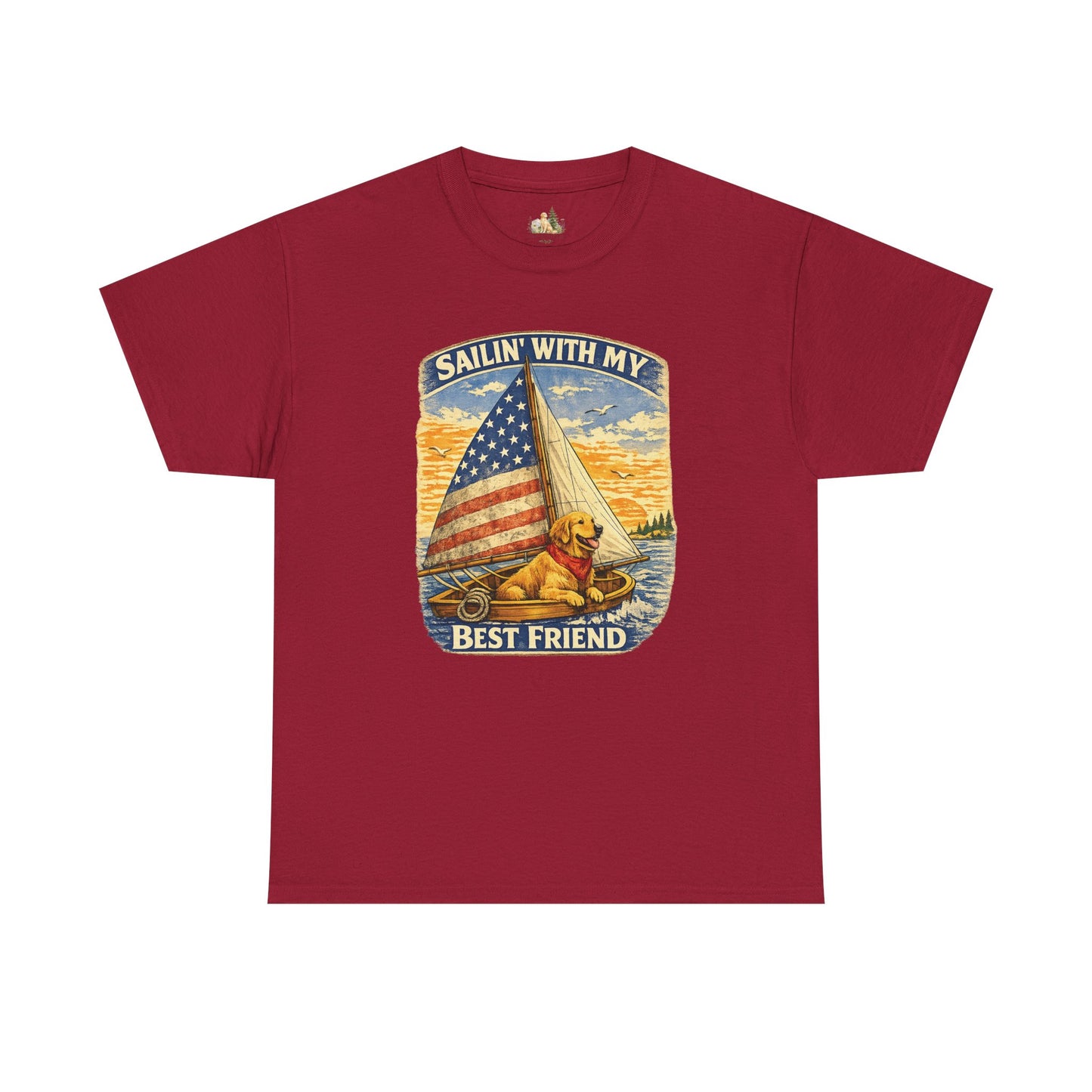 Unisex Sailin' With My Best Friend T-Shirt - Dog & American Flag Sailing Crew Tee (Light Weight, Ultra Soft Cotton)