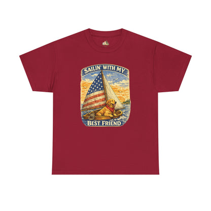 Unisex Sailin' With My Best Friend T-Shirt - Dog & American Flag Sailing Crew Tee (Light Weight, Ultra Soft Cotton)