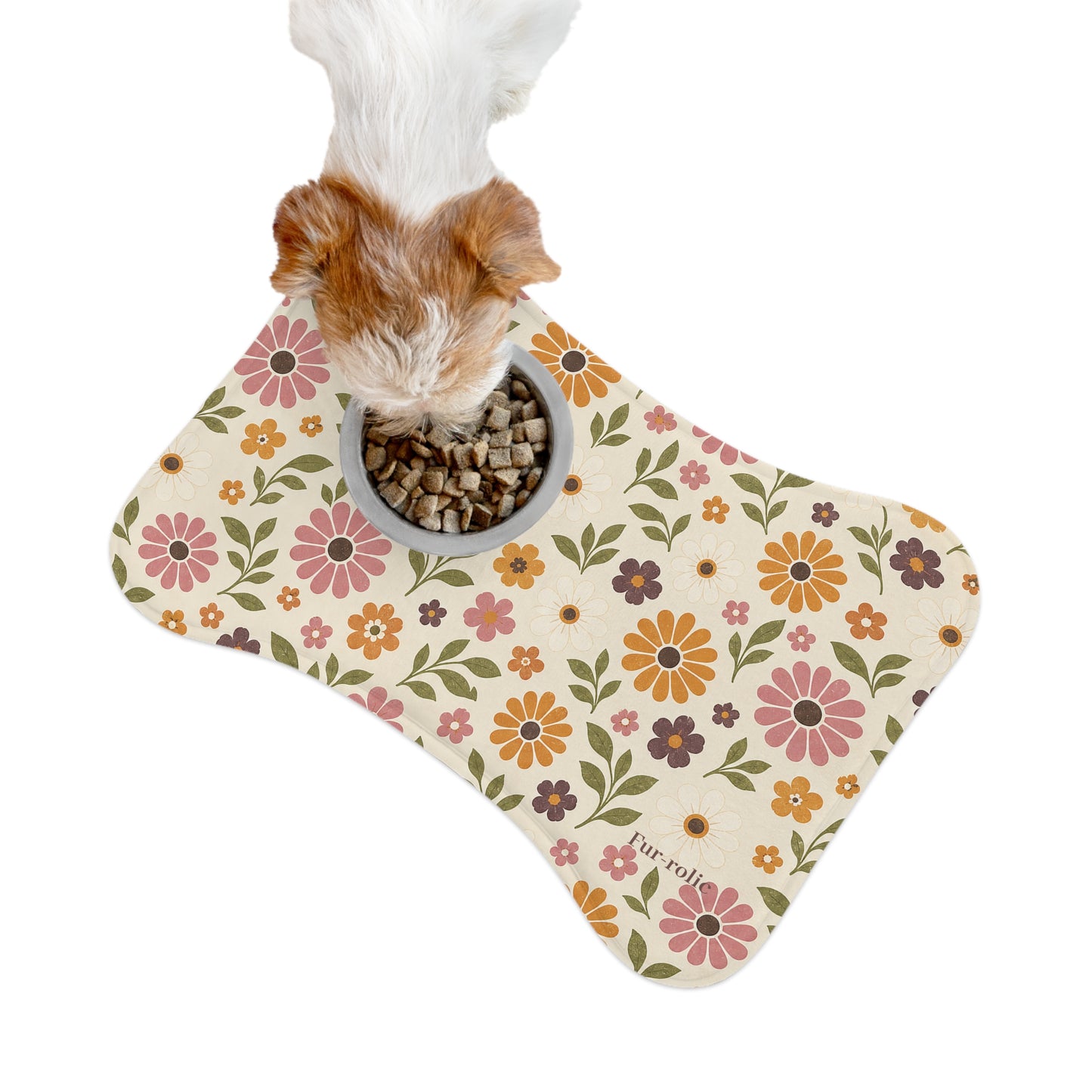 Floral Retro Dog Bone Feeding Mat — Non-Slip Pet Bowl Placemat