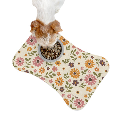 Floral Retro Dog Bone Feeding Mat — Non-Slip Pet Bowl Placemat