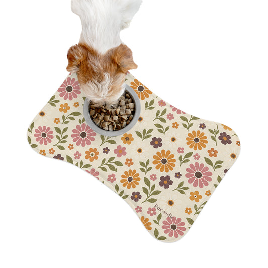 Floral Retro Dog Bone Feeding Mat — Non-Slip Pet Bowl Placemat