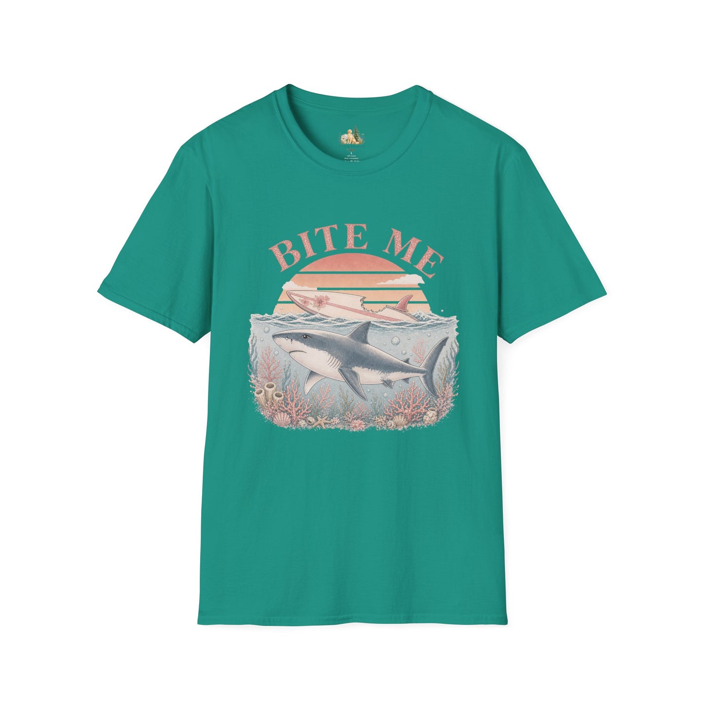 Bite Me Shark T-Shirt — Retro Ocean Sunset Graphic Tee (Light Weight, Ultra Soft)