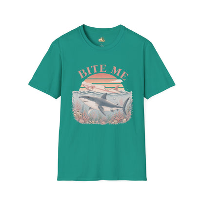 Bite Me Shark T-Shirt — Retro Ocean Sunset Graphic Tee (Light Weight, Ultra Soft)