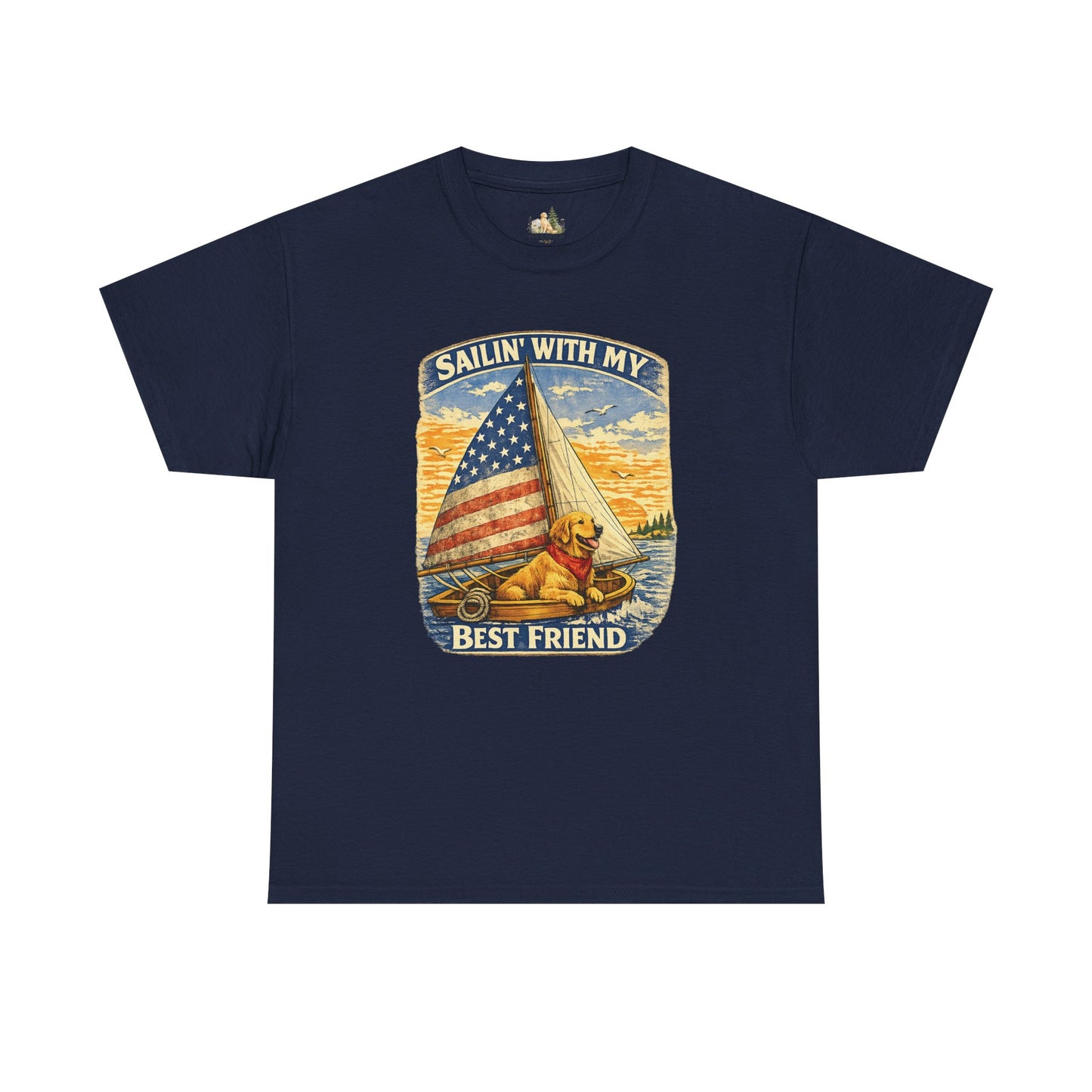 Unisex Sailin' With My Best Friend T-Shirt - Dog & American Flag Sailing Crew Tee (Light Weight, Ultra Soft Cotton)