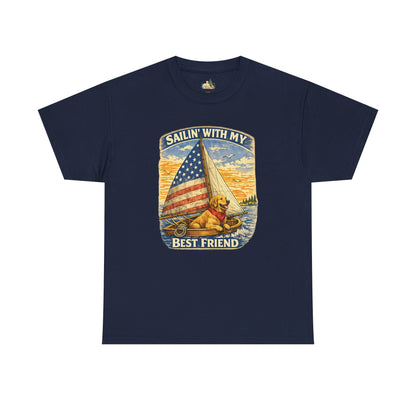 Unisex Sailin' With My Best Friend T-Shirt - Dog & American Flag Sailing Crew Tee (Light Weight, Ultra Soft Cotton)