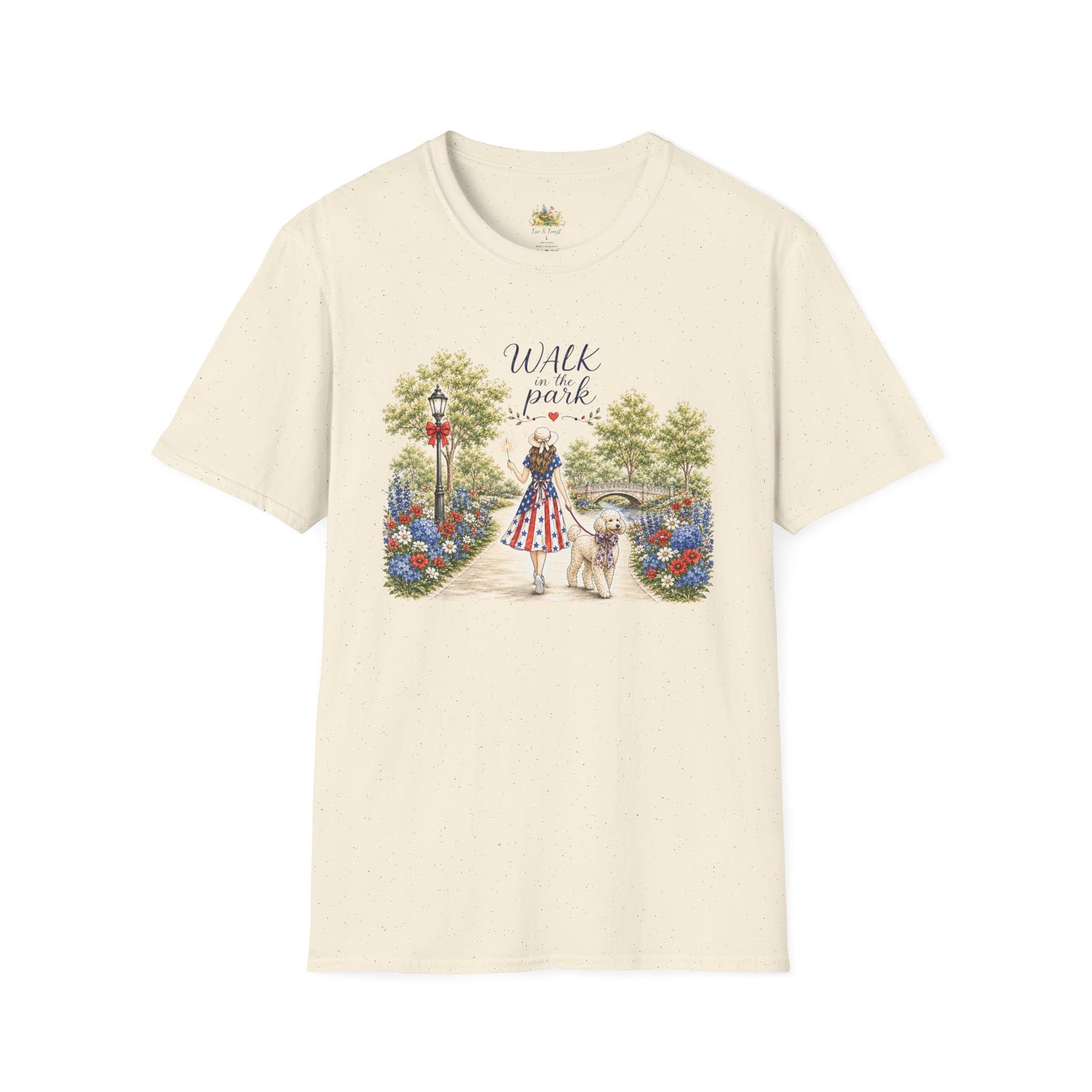 Walk in the Park woman with dog T-Shirt | Floral pathway illustration (Light Weight, Ultra Soft T Shirt)