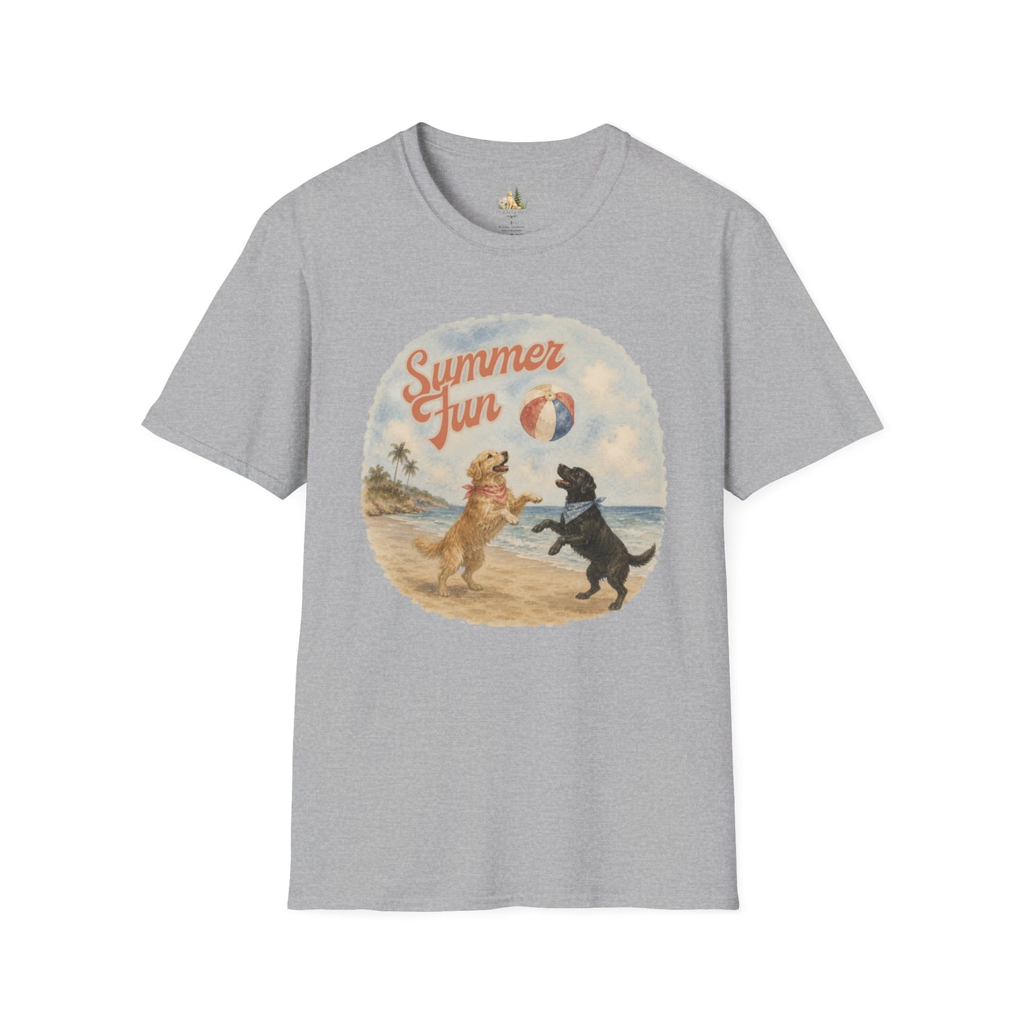 Summer Fun Dogs T-Shirt — Retro Beach Puppies Playing with Beach Ball (Light Weight, Ultra Soft Tee)