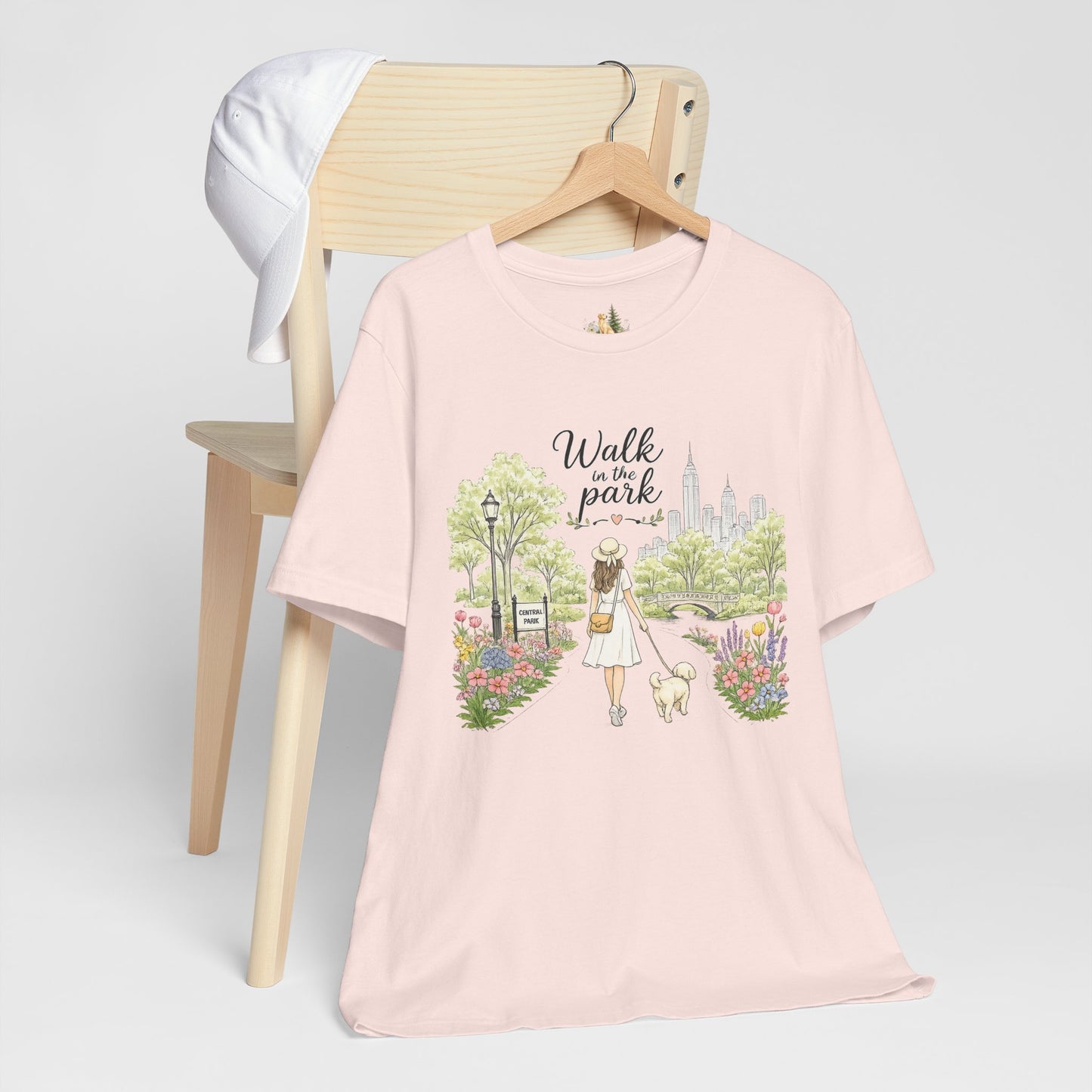Walk in the Park T-Shirt | Woman Walking Dog Park Illustration