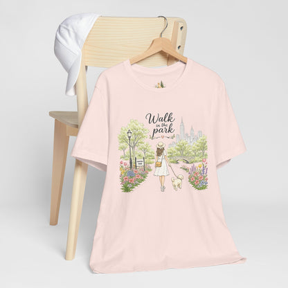 Walk in the Park T-Shirt | Woman Walking Dog Park Illustration