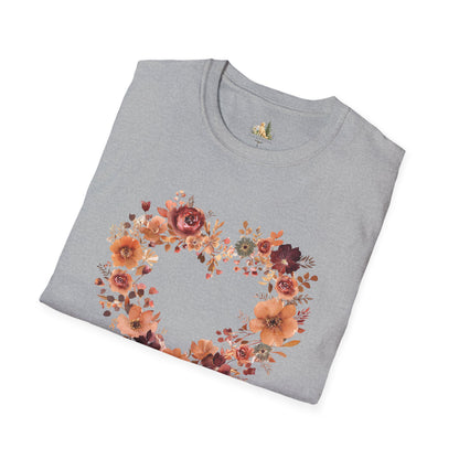 Floral Heart Tee — Women's Heart Wreath Graphic T-Shirt, Romantic Floral Gift