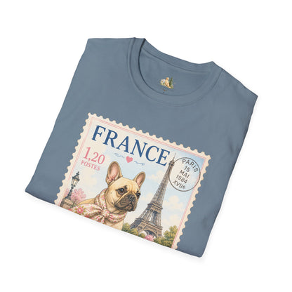 French Bulldog Postage Stamp T-Shirt | Eiffel Tower Paris Design (Light Weight, Ultra Soft Tee)