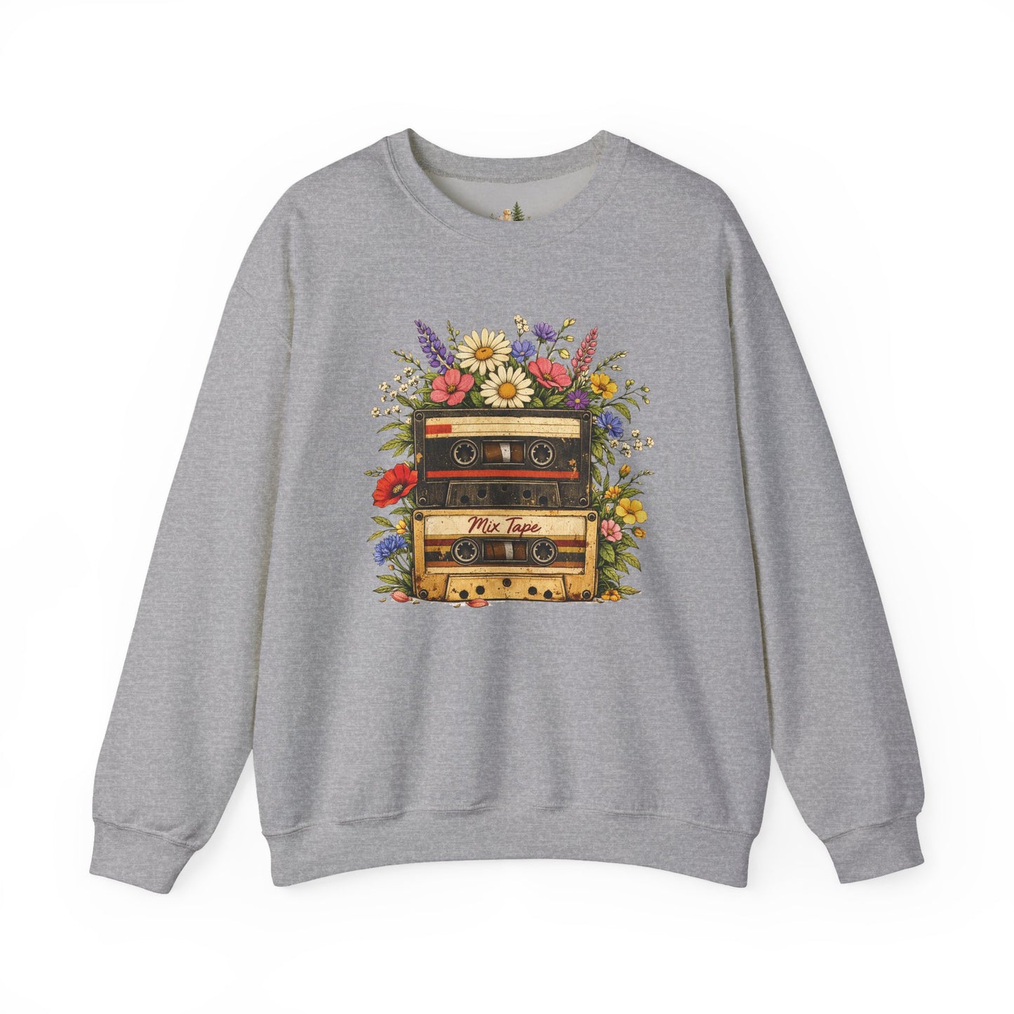 Retro Cassette Floral Sweatshirt — Vintage Tape Player Crewneck