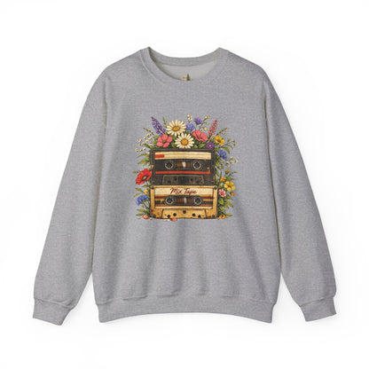 Retro Cassette Floral Sweatshirt — Vintage Tape Player Crewneck