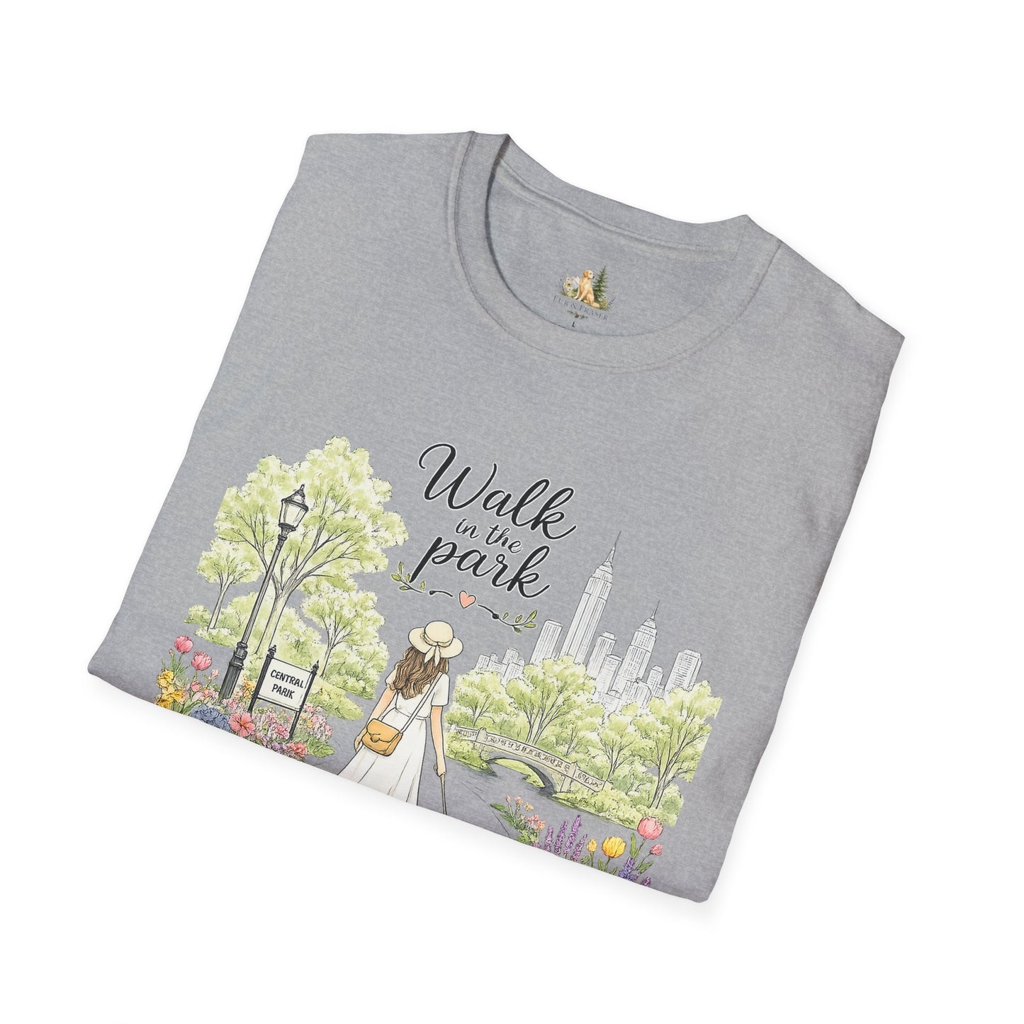 Walk in the Park T-Shirt | Woman Walking Dog Park Illustration (Light Weight, Ultra Soft Tee)