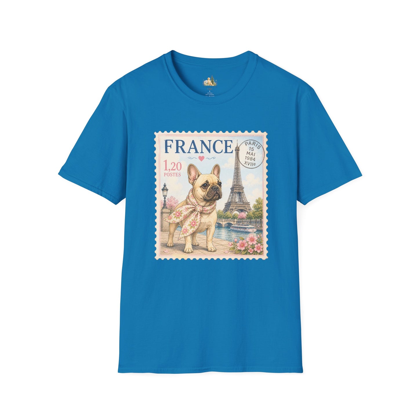 French Bulldog Postage Stamp T-Shirt | Eiffel Tower Paris Design (Light Weight, Ultra Soft Tee)