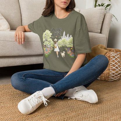 Walk in the Park T-Shirt | Woman Walking Dog Park Illustration (Light Weight, Ultra Soft Tee)