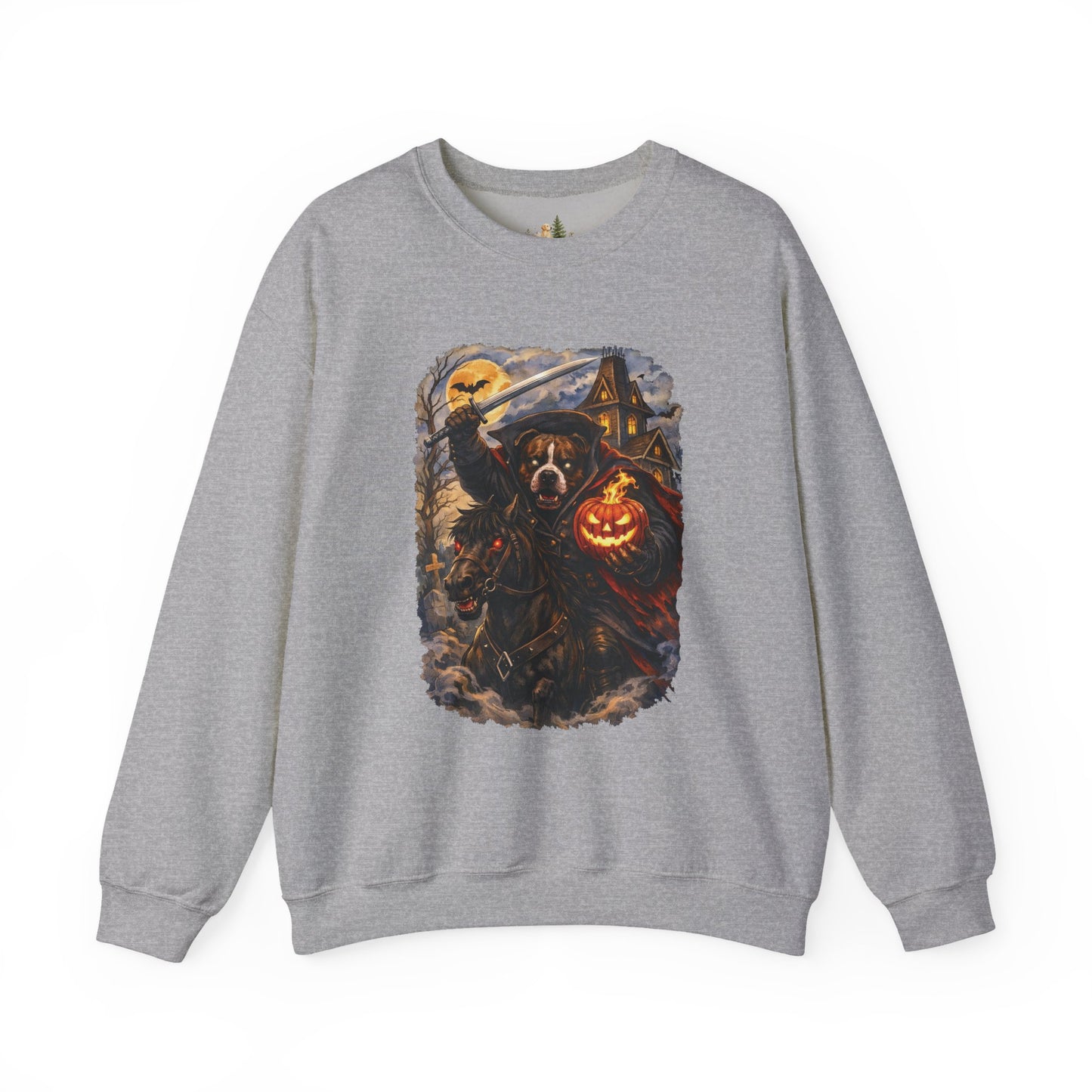 Unisex Halloween Pit Bull Headless Horseman Crewneck Sweatshirt ~ What Tails Lurk Behind The Pines