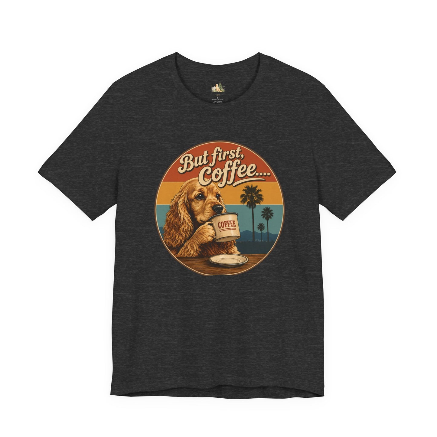 Men's But First Coffee Dog Tee — Retro Palm Tree Coffee Lover T-Shirt