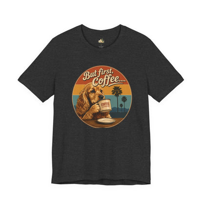 Men's But First Coffee Dog Tee — Retro Palm Tree Coffee Lover T-Shirt
