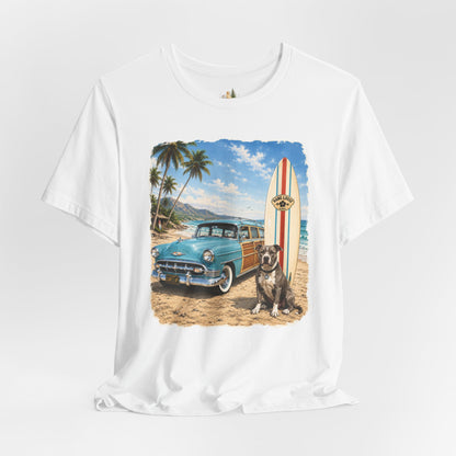 Men's Retro Beach Surf T-Shirt – Vintage Car, Surfboard & Palm Tree Graphic