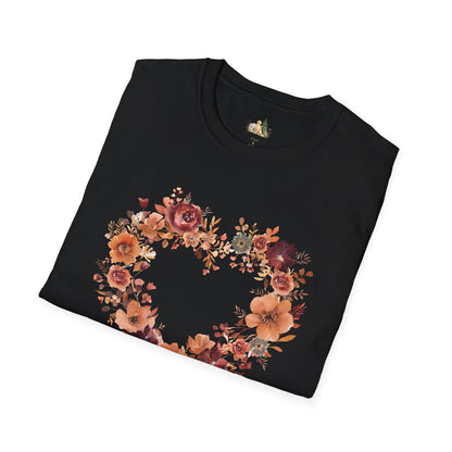 Floral Heart Tee — Women's Heart Wreath Graphic T-Shirt, Romantic Floral Gift