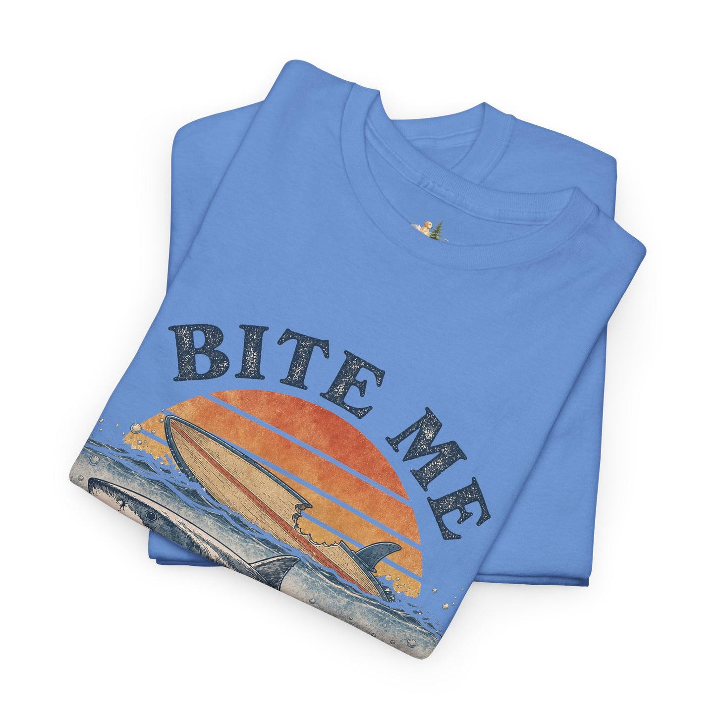 Shark 'Bite Me' Graphic Tee — Vintage Ocean Sunset Fishing Shirt (Heavy Weight Tee)