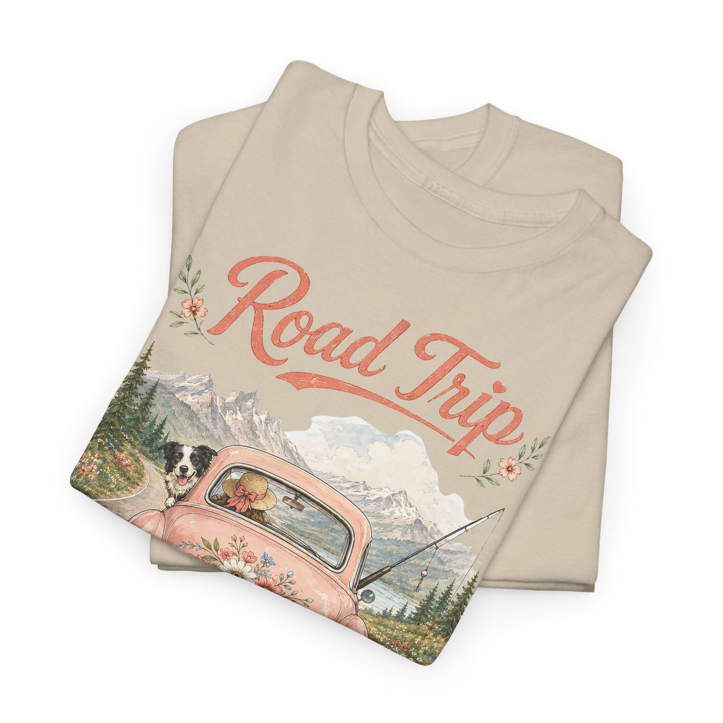 Road Trip Vintage Car T-Shirt — Retro Floral Scenic Drive Tee ( Heavy Weight Tee)