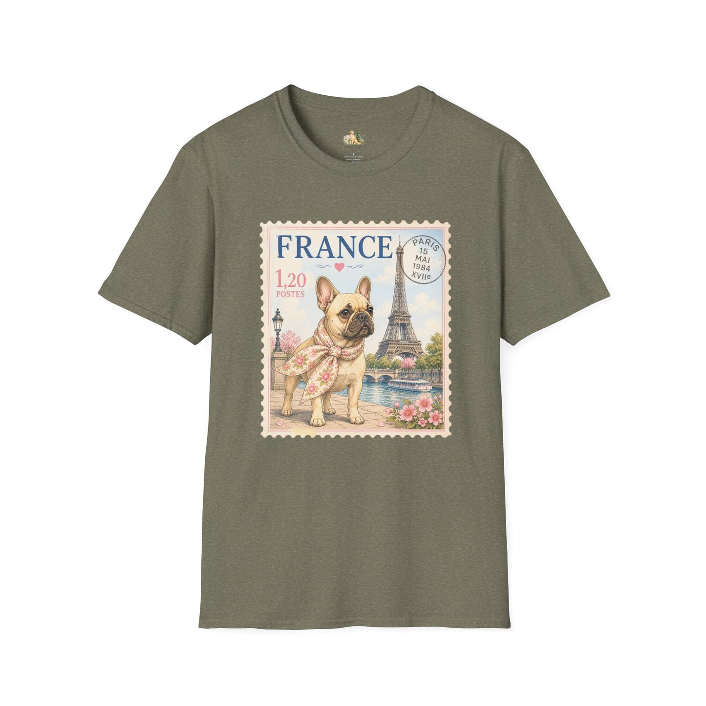 French Bulldog Postage Stamp T-Shirt | Eiffel Tower Paris Design (Light Weight, Ultra Soft Tee)