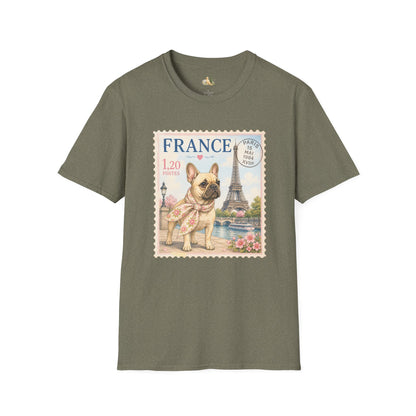 French Bulldog Postage Stamp T-Shirt | Eiffel Tower Paris Design (Light Weight, Ultra Soft Tee)