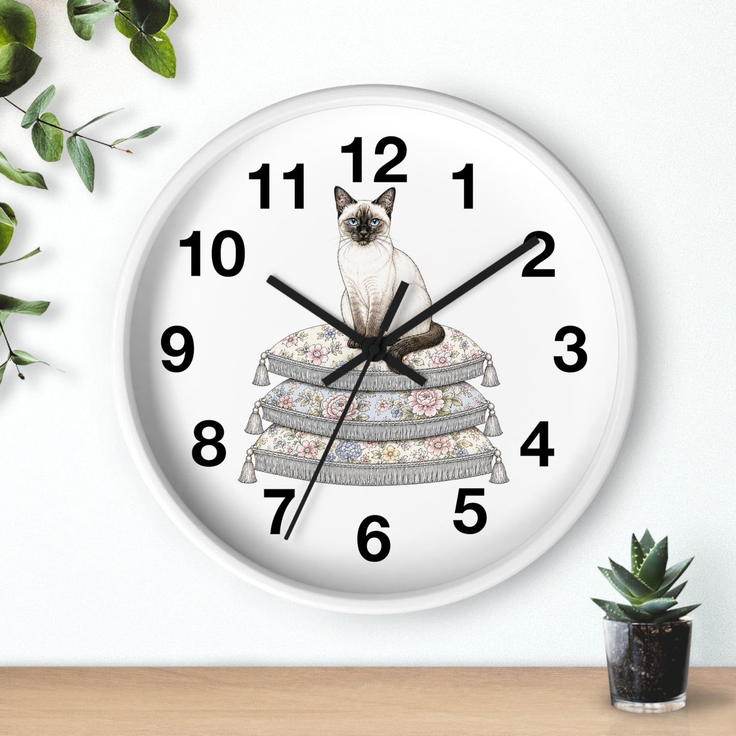 Siamese Cat on Stacked Cushions Wall Clock | Floral Pillow Illustration