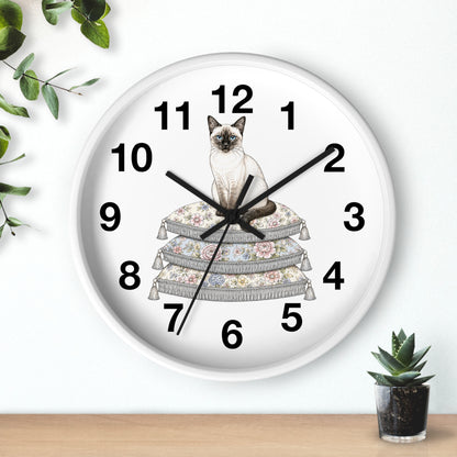 Siamese Cat on Stacked Cushions Wall Clock | Floral Pillow Illustration