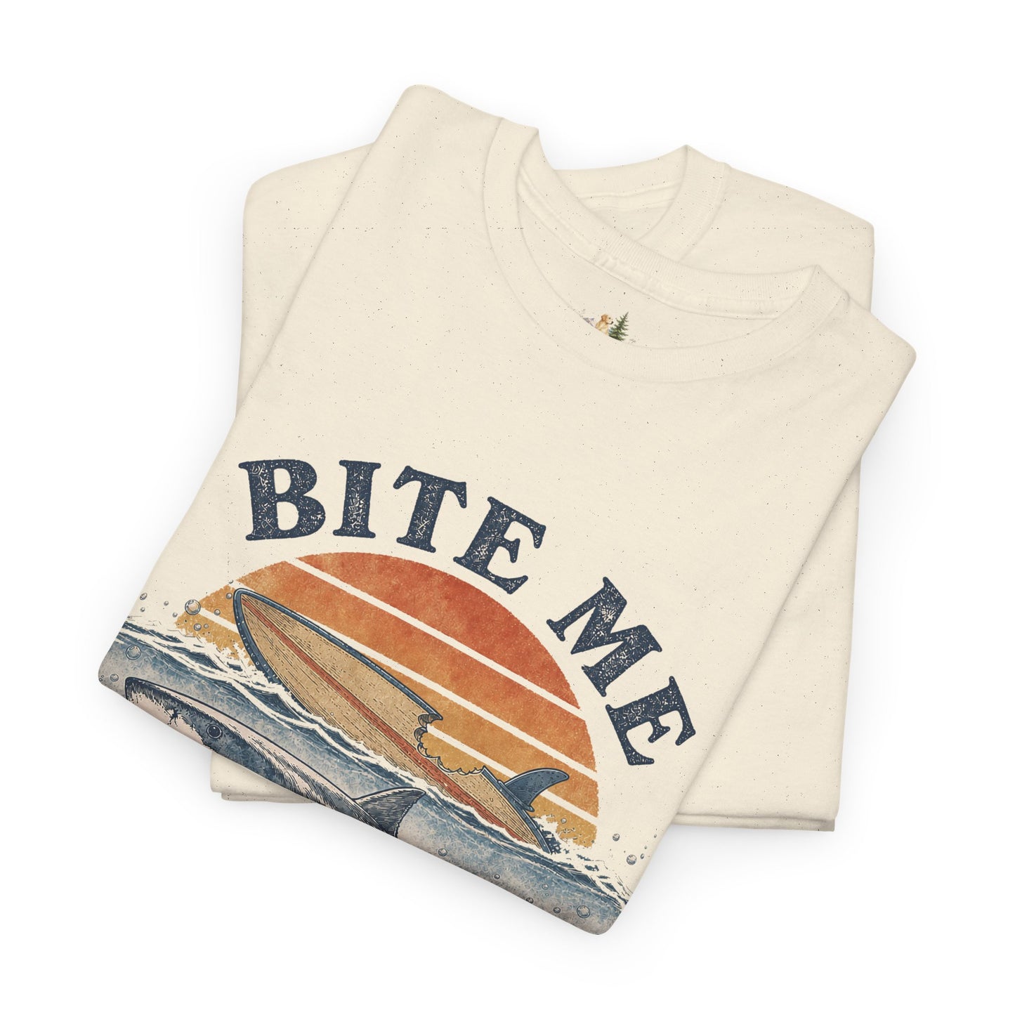Shark 'Bite Me' Graphic Tee — Vintage Ocean Sunset Fishing Shirt (Heavy Weight Tee)