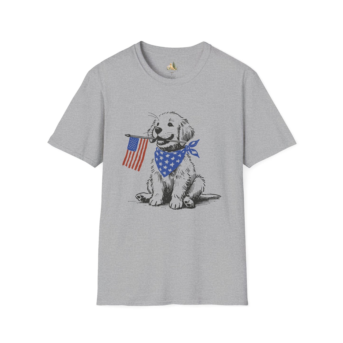 Unisex Patriotic Puppy T-Shirt — Golden Retriever with American Flag Bandana (Light Weight, Ultra Soft Tee)